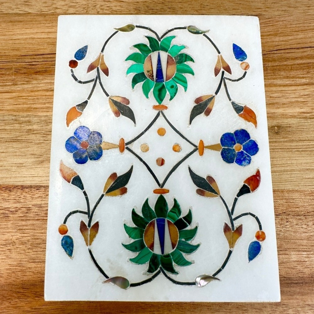 VTG White Marble Stone Inlay Jewelry Box Floral Trinket Box 4x3" Patina Aztec